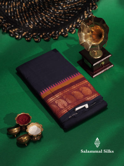 Beautiful Navy Blue Plain Pure Chettinad Cotton Saree With Maroon Traditional Border