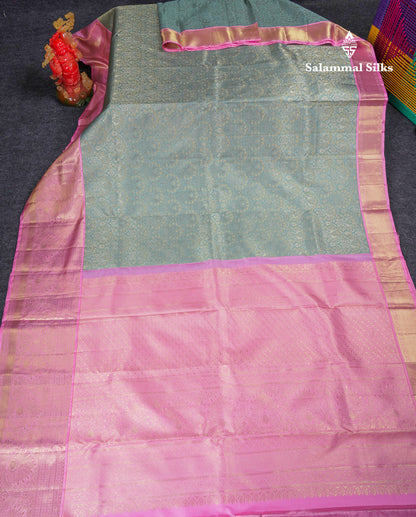 Beautiful Ice Blue Bridal Pure Kanjivaram Silk Saree With Contrast Baby Pink Traditional Evening Morning Border