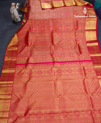 Dual Tone Pinkish Red Beautiful Menakari Work Bridal Pure Kanjivaram Silk Saree With Traditional Border