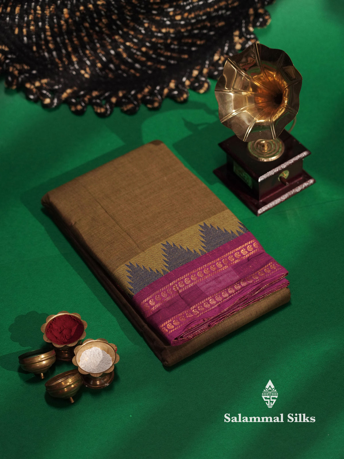 Beautiful Olive Mustard Yellow Chettinad Pure Cotton Saree With Magenta Traditional Double Border