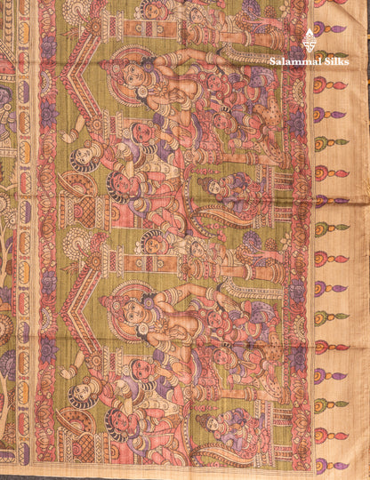 Purple Kalamkari Design Semi Tussar Fancy Saree With Contrast Sandal Blouse