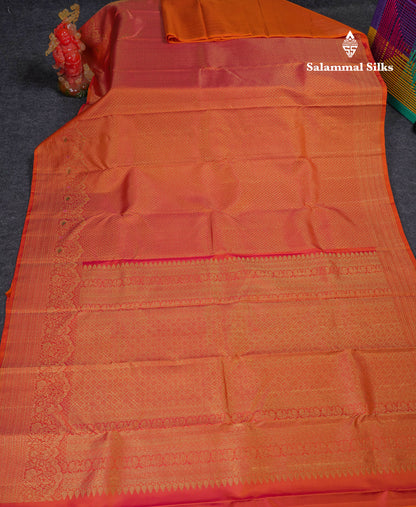 Beautiful Orange Bridal Pure Kanjivaram Silk Saree With Traditional Menakari Work Turning Border