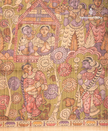 Purple Kalamkari Design Semi Tussar Fancy Saree With Contrast Sandal Blouse