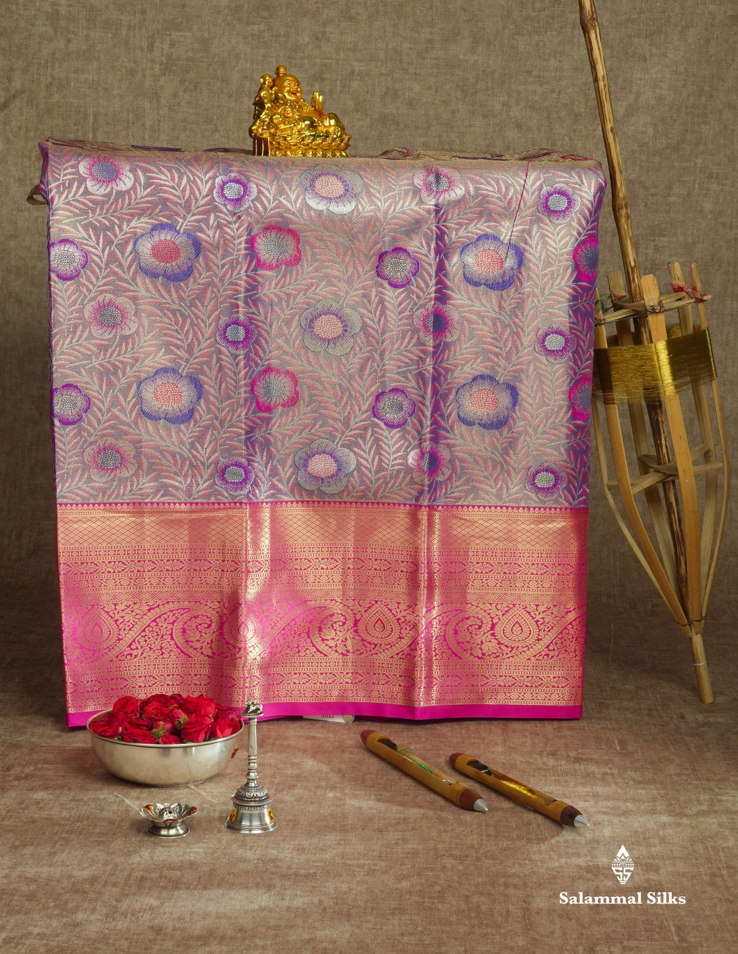 Semi Silk Pattu Pavadai Tissue ( Violet ) With Pink Blouse 36"