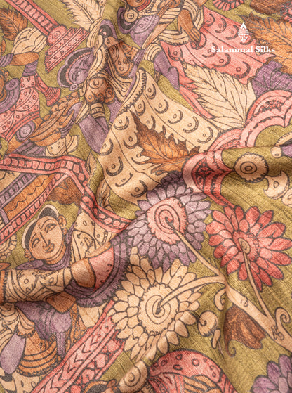 Purple Kalamkari Design Semi Tussar Fancy Saree With Contrast Sandal Blouse