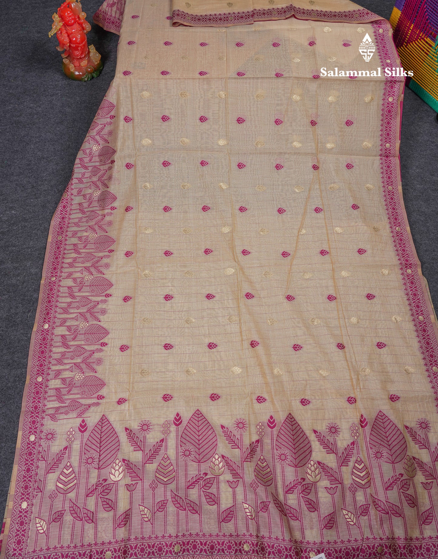 Beautiful Cream Sandal Thread Work Butta Cotton Mix Saree With Contrast Magenta Fancy Border