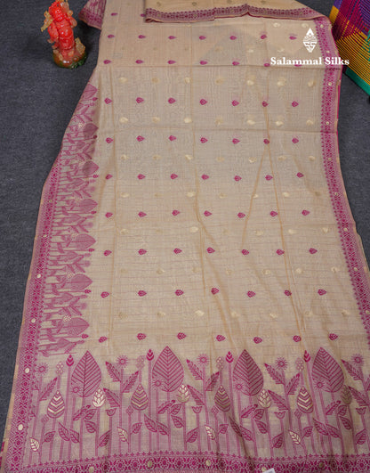 Beautiful Cream Sandal Thread Work Butta Cotton Mix Saree With Contrast Magenta Fancy Border