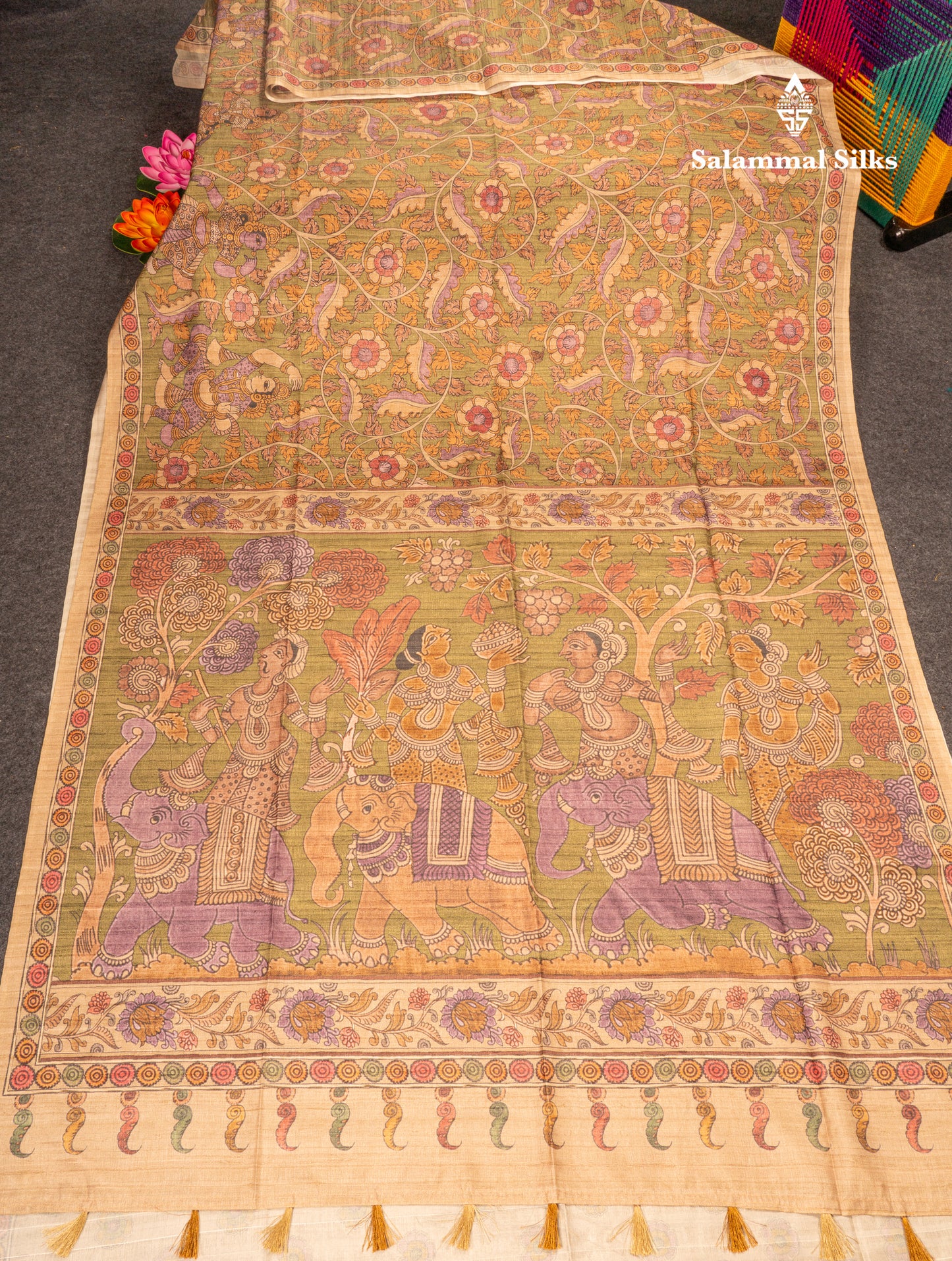 Green Kalamkari Design Semi Tussar Fancy Saree With Contrast Sandal Blouse