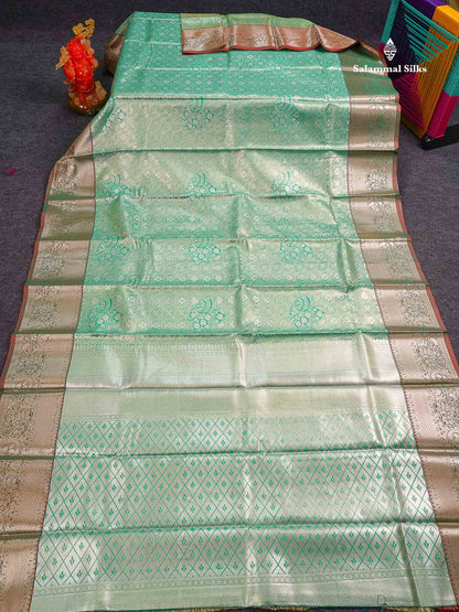 Beautiful Light Green Tissue Bridal Semi Silk Saree With Contrast Dual Tone Maroon Traditional Border