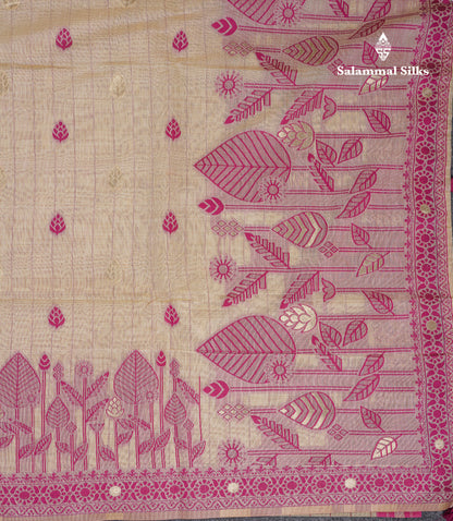 Beautiful Cream Sandal Thread Work Butta Cotton Mix Saree With Contrast Magenta Fancy Border