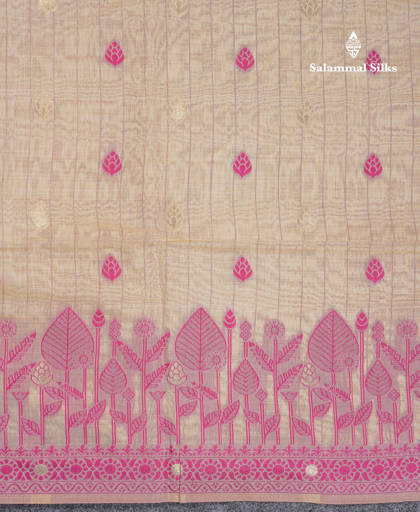 Beautiful Cream Sandal Thread Work Butta Cotton Mix Saree With Contrast Magenta Fancy Border