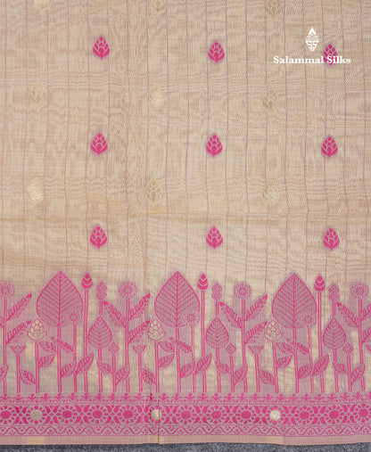 Beautiful Cream Sandal Thread Work Butta Cotton Mix Saree With Contrast Magenta Fancy Border