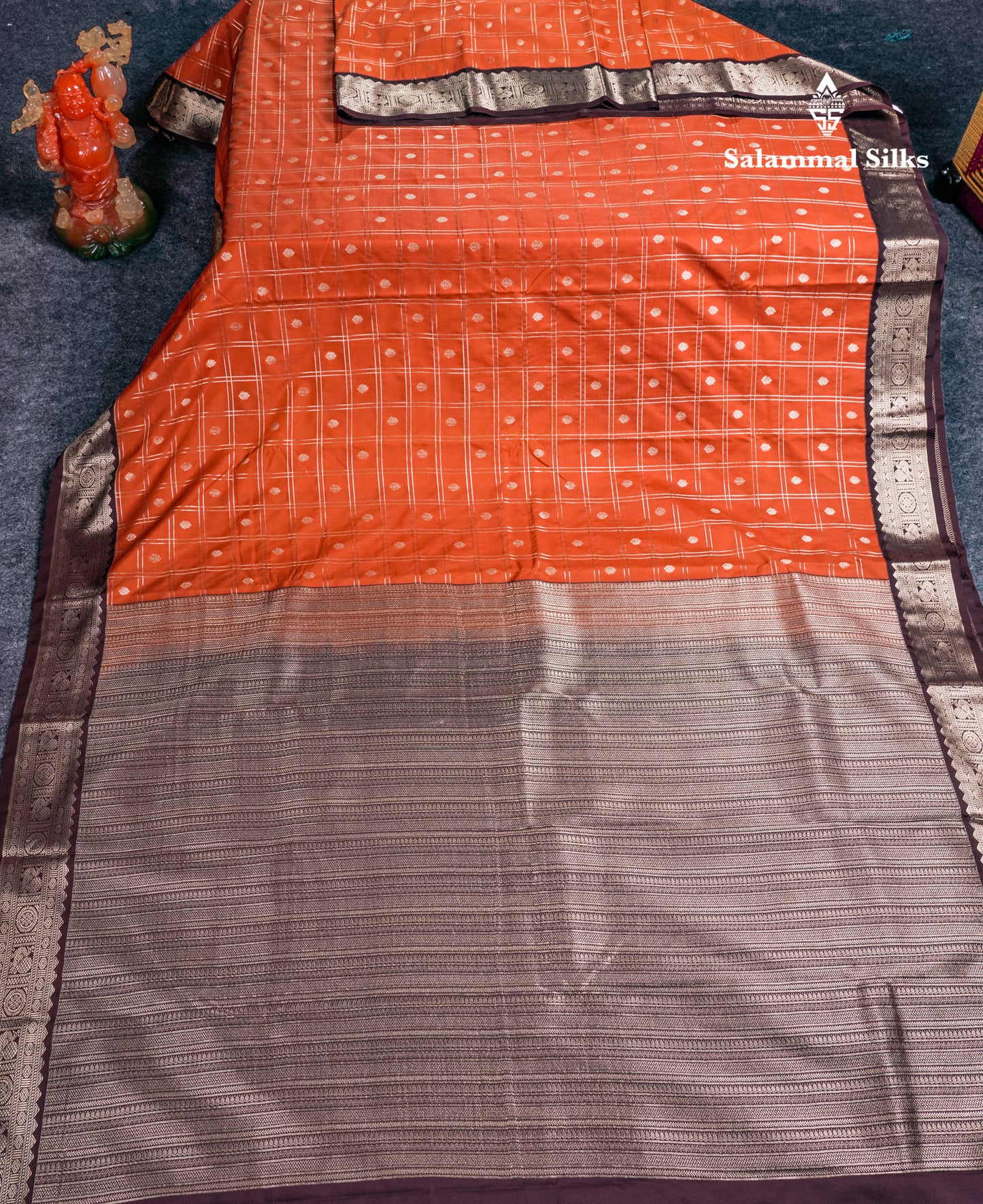 Beautiful Rust Orange Semi Silk Saree With Contrast Dark Brown Traditional Medium Border