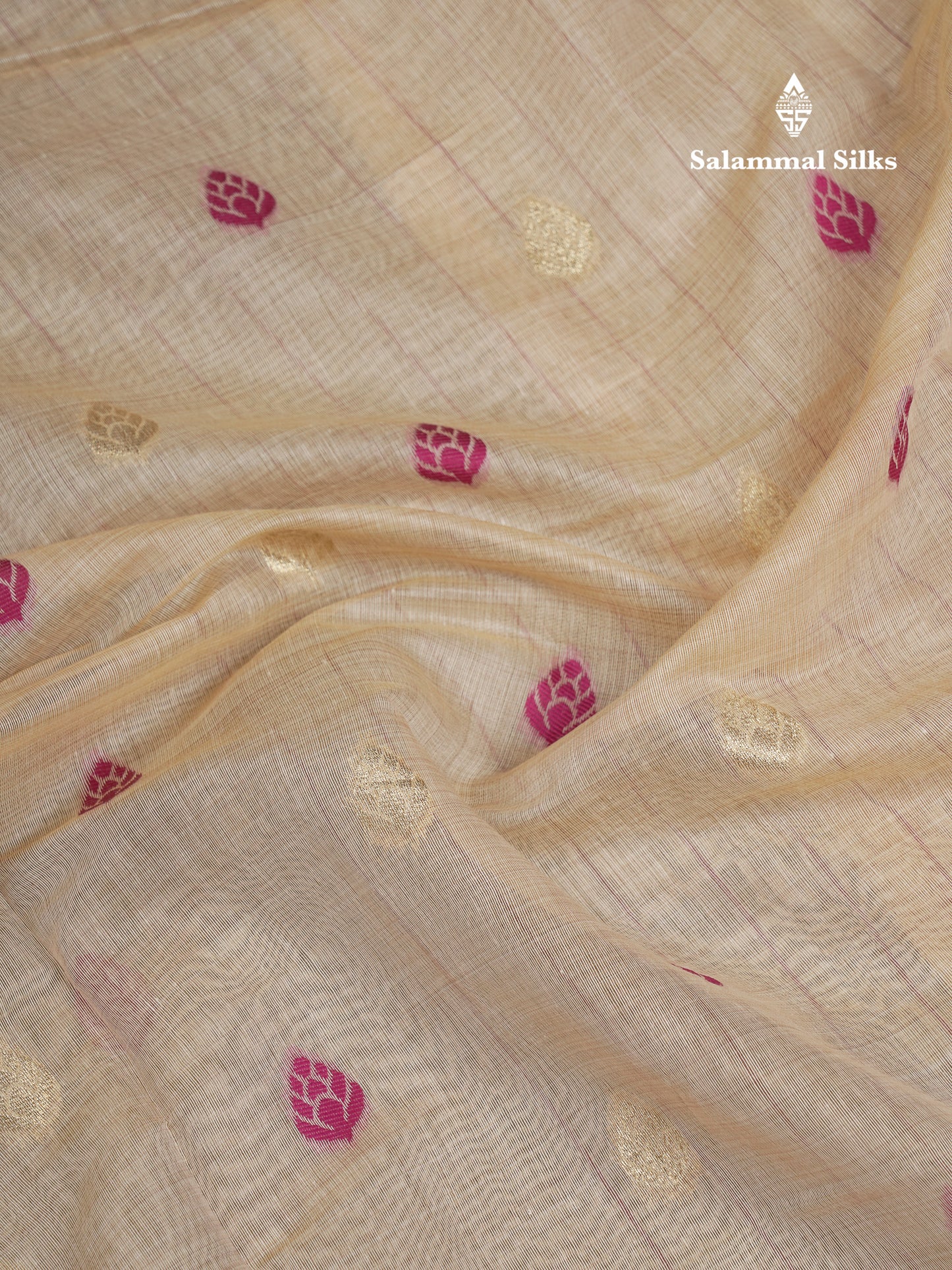 Beautiful Cream Sandal Thread Work Butta Cotton Mix Saree With Contrast Magenta Fancy Border
