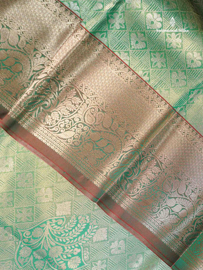 Beautiful Light Green Tissue Bridal Semi Silk Saree With Contrast Dual Tone Maroon Traditional Border
