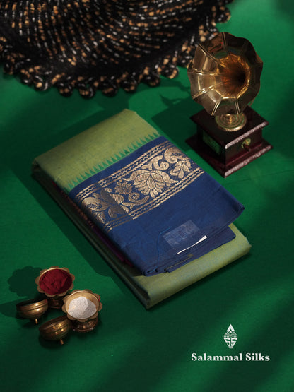 Beautiful Green Plain Pure Chettinad Cotton Saree With Traditional Ganga Jamuna Border