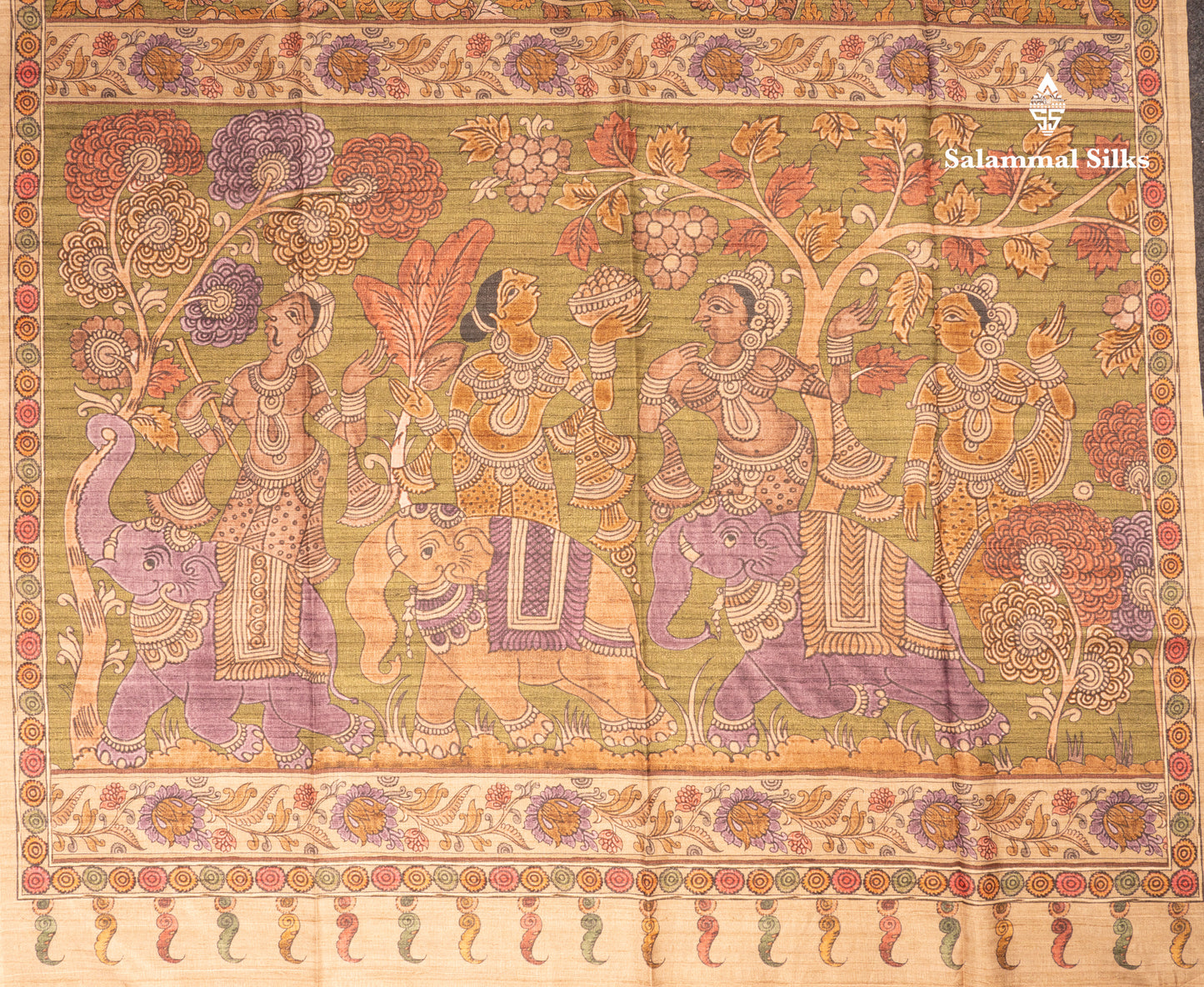 Green Kalamkari Design Semi Tussar Fancy Saree With Contrast Sandal Blouse