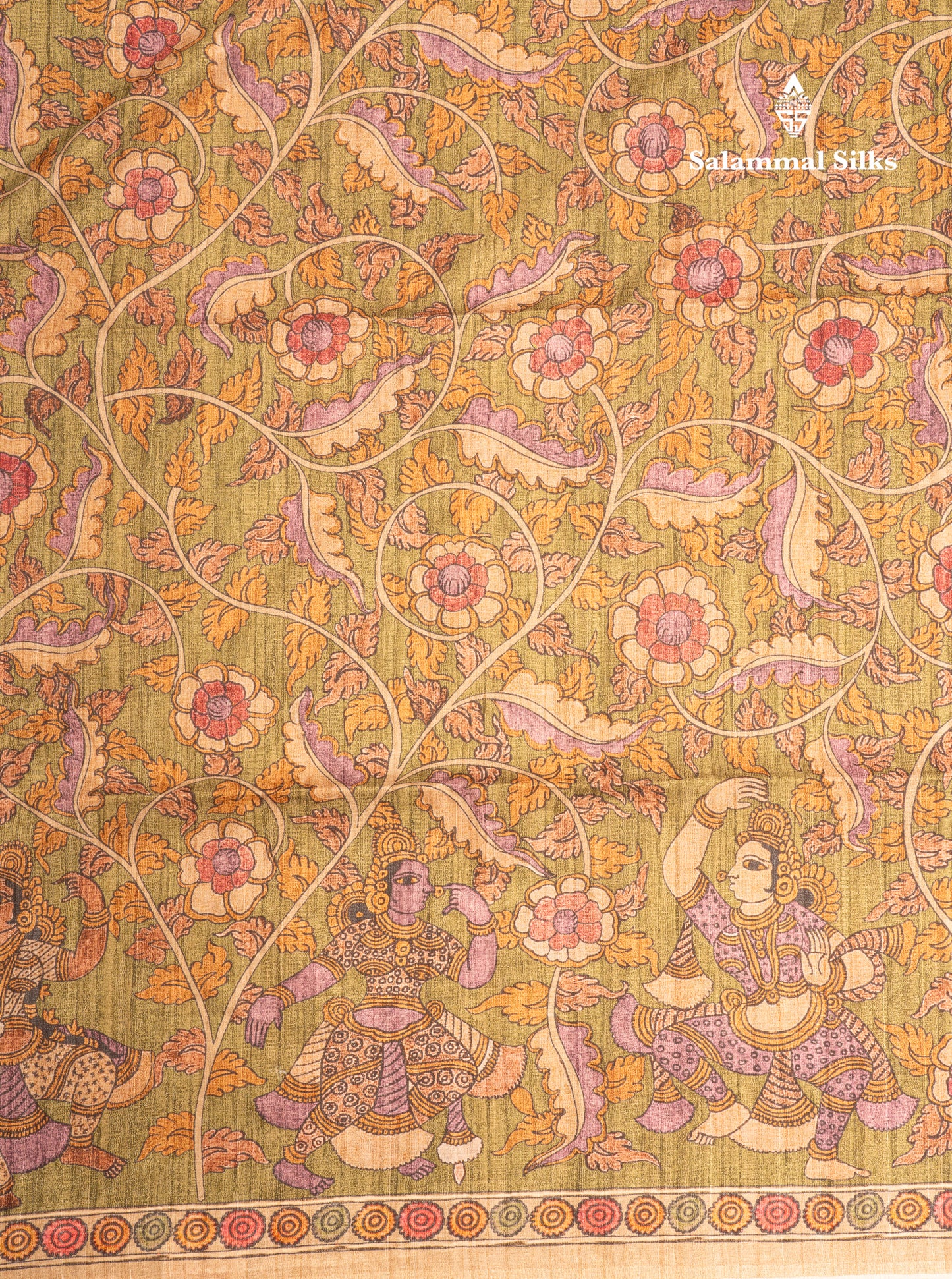 Green Kalamkari Design Semi Tussar Fancy Saree With Contrast Sandal Blouse