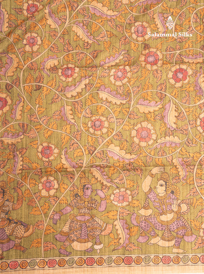 Green Kalamkari Design Semi Tussar Fancy Saree With Contrast Sandal Blouse