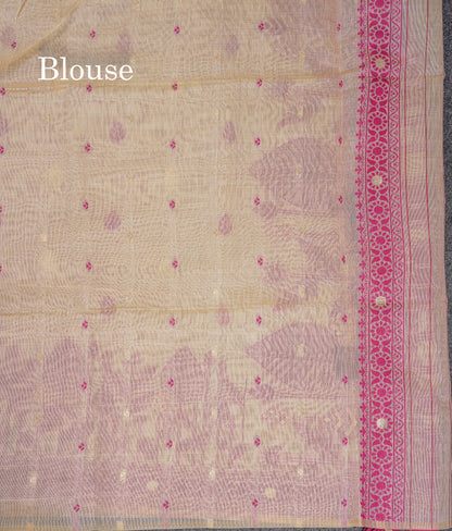 Beautiful Cream Sandal Thread Work Butta Cotton Mix Saree With Contrast Magenta Fancy Border