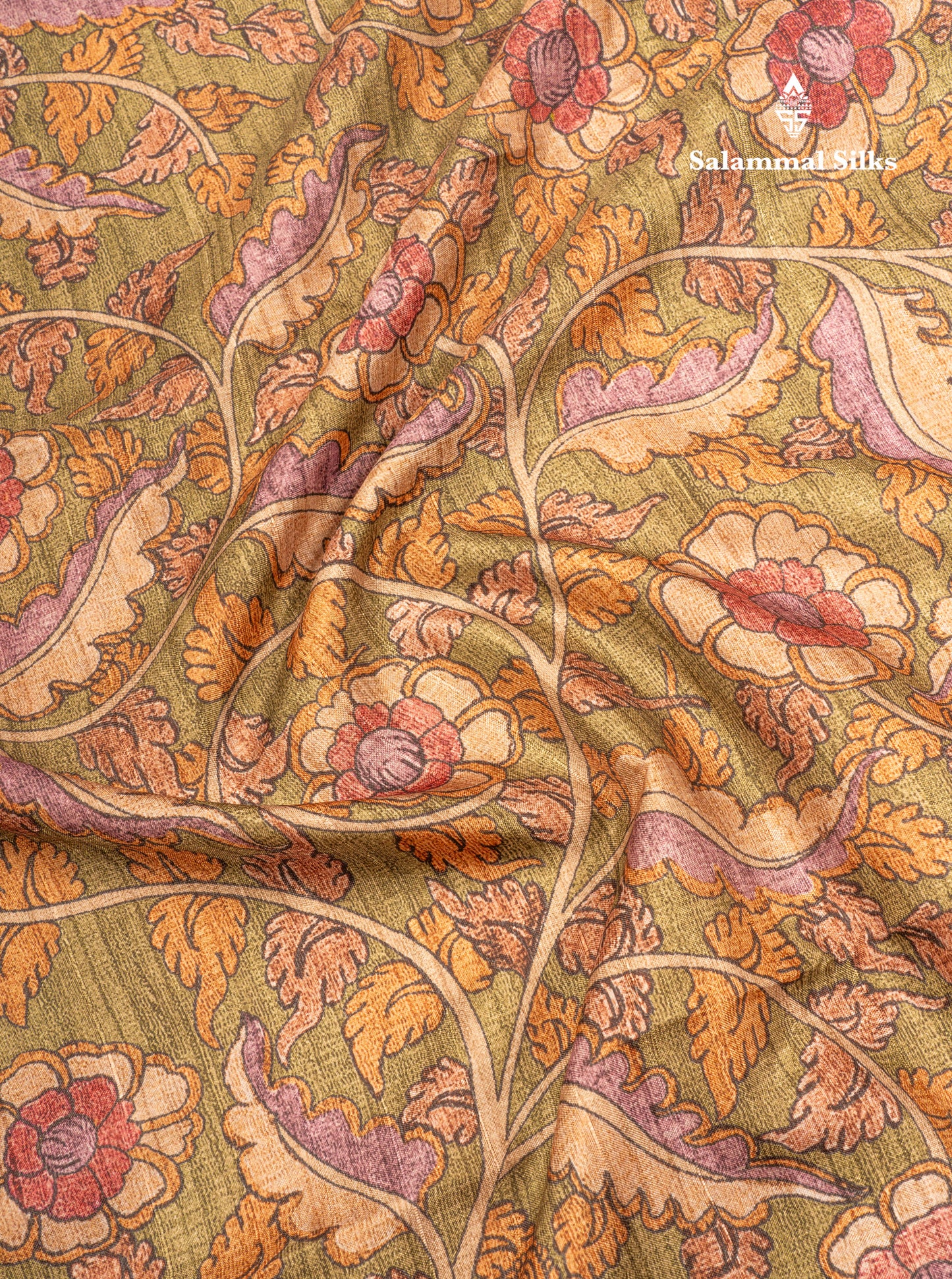 Green Kalamkari Design Semi Tussar Fancy Saree With Contrast Sandal Blouse