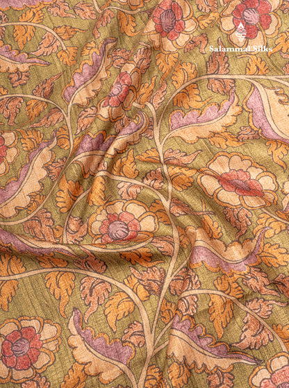 Green Kalamkari Design Semi Tussar Fancy Saree With Contrast Sandal Blouse