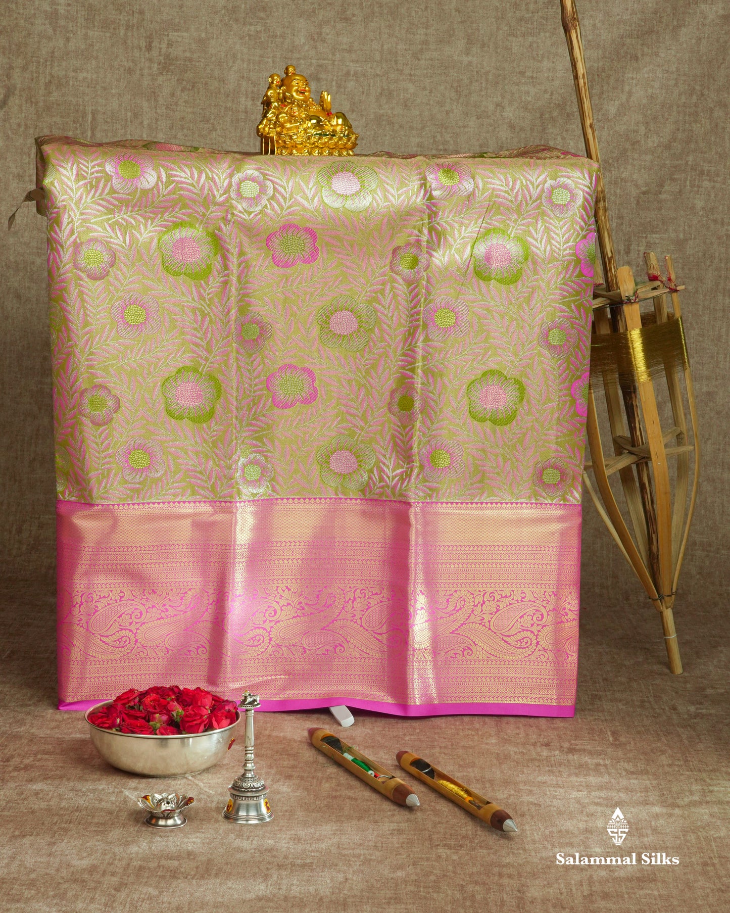 Semi Silk Pattu Pavadai ( Pista Green ) With Pink Blouse 36"