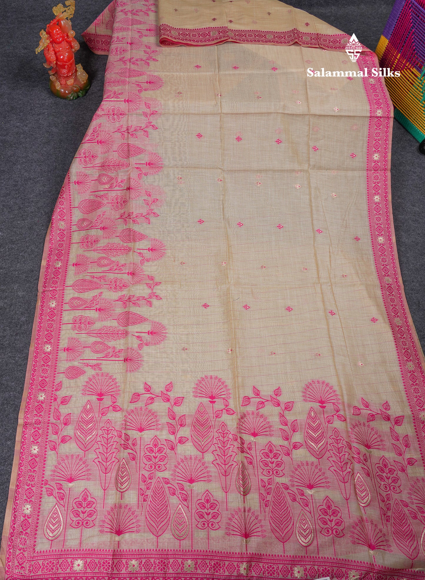Beautiful Cream Sandal Thread Work Butta Cotton Mix Saree With Contrast Navy Blue Fancy Border