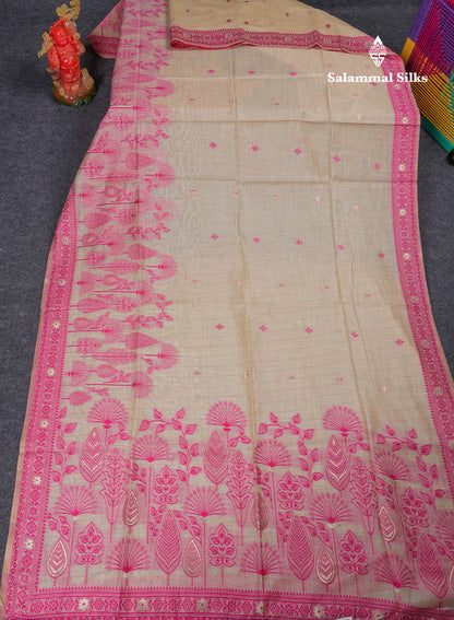 Beautiful Cream Sandal Thread Work Butta Cotton Mix Saree With Contrast Navy Blue Fancy Border