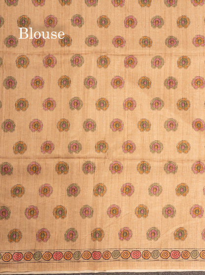 Green Kalamkari Design Semi Tussar Fancy Saree With Contrast Sandal Blouse