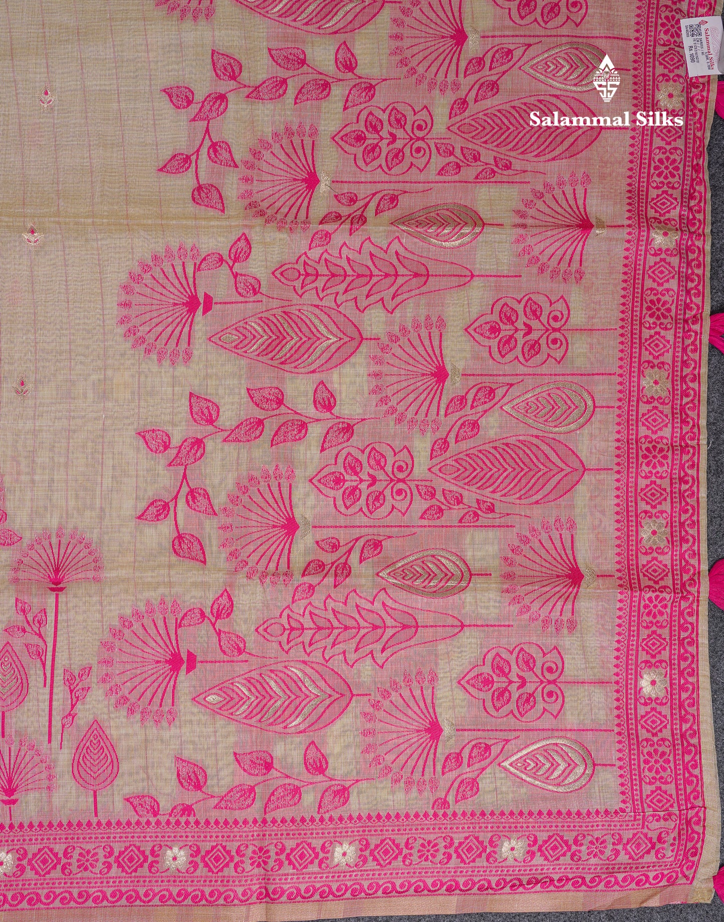 Beautiful Cream Sandal Thread Work Butta Cotton Mix Saree With Contrast Navy Blue Fancy Border