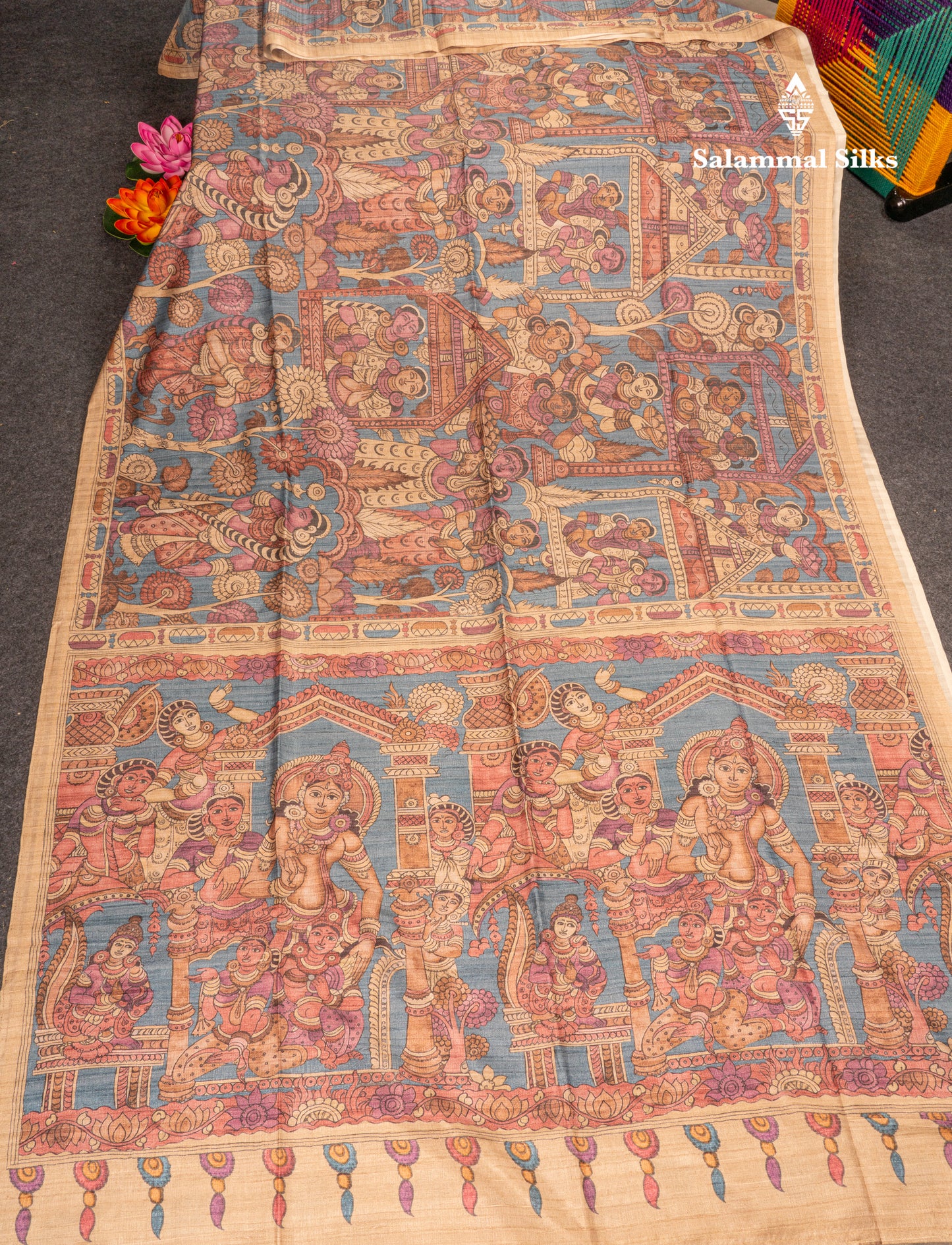 Purple Kalamkari Design Semi Tussar Fancy Saree With Contrast Sandal Blouse