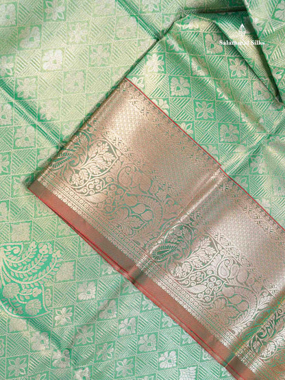 Beautiful Light Green Tissue Bridal Semi Silk Saree With Contrast Dual Tone Maroon Traditional Border