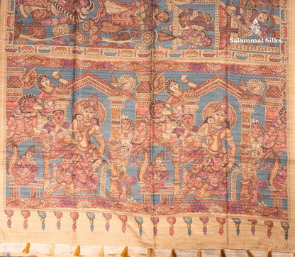 Purple Kalamkari Design Semi Tussar Fancy Saree With Contrast Sandal Blouse