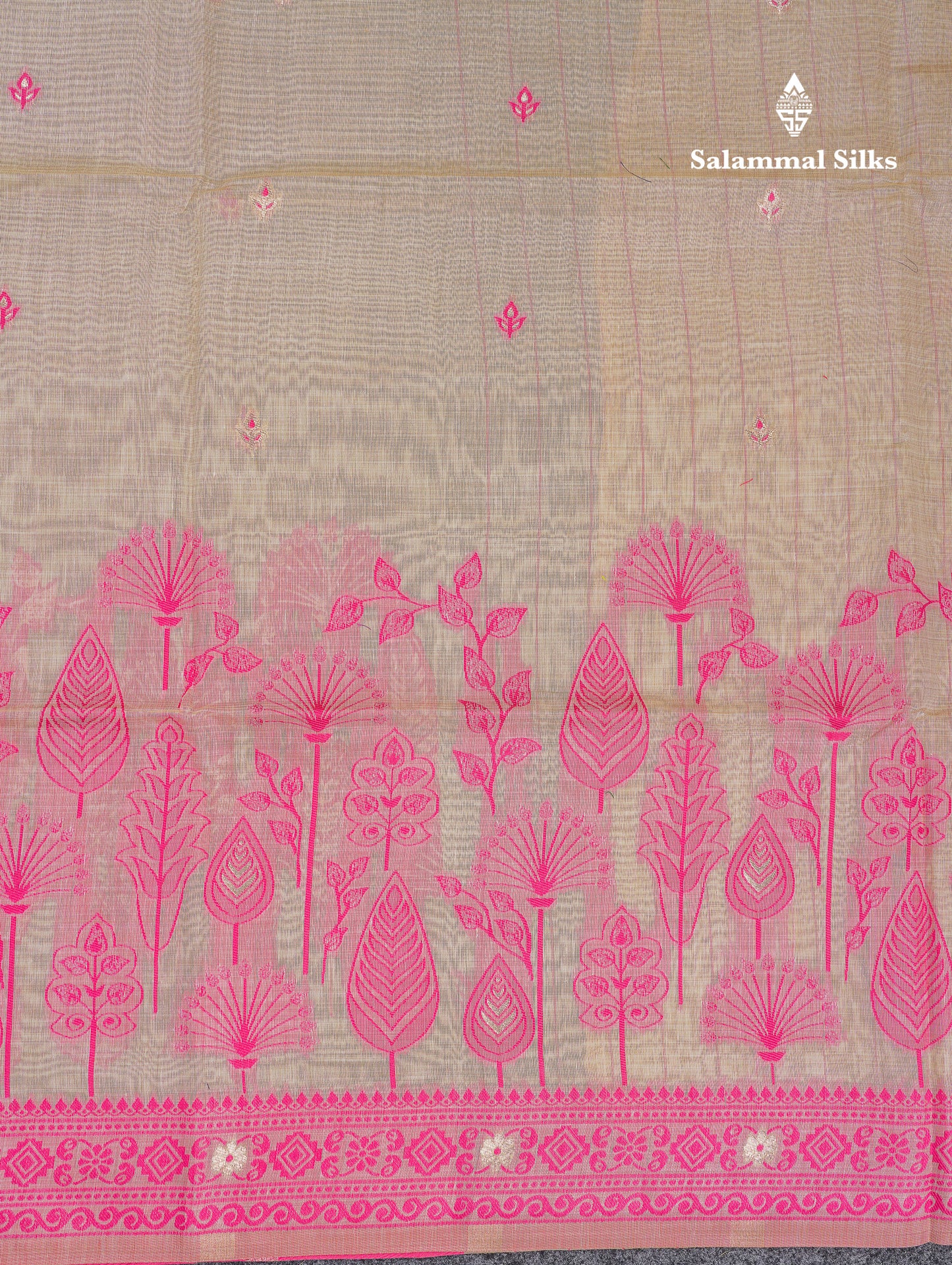 Beautiful Cream Sandal Thread Work Butta Cotton Mix Saree With Contrast Navy Blue Fancy Border
