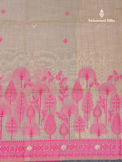 Beautiful Cream Sandal Thread Work Butta Cotton Mix Saree With Contrast Navy Blue Fancy Border