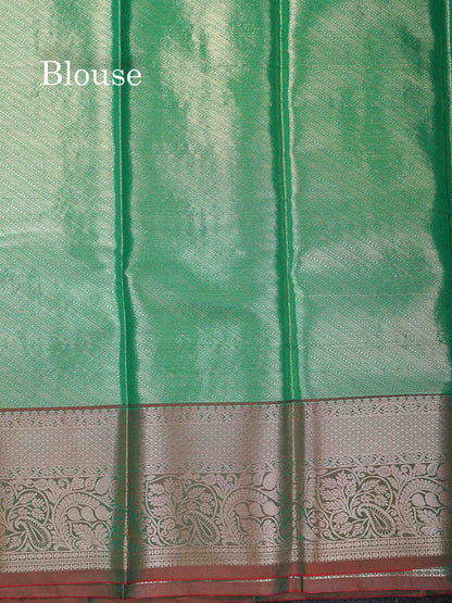Beautiful Light Green Tissue Bridal Semi Silk Saree With Contrast Dual Tone Maroon Traditional Border