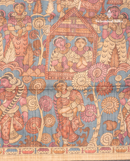 Purple Kalamkari Design Semi Tussar Fancy Saree With Contrast Sandal Blouse