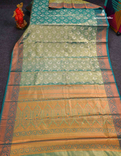 Beautiful Light Green Tissue Bridal Semi Silk Saree With Peacock Green Traditional Border