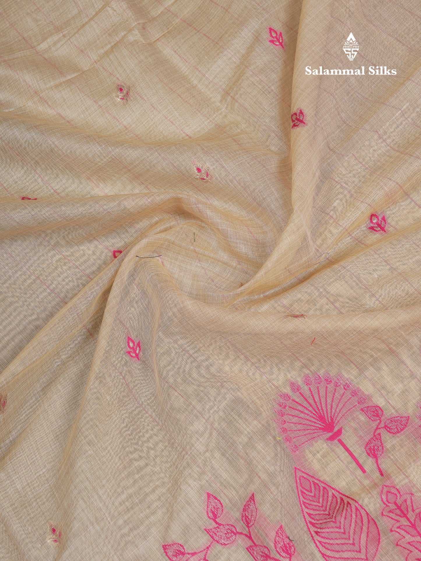 Beautiful Cream Sandal Thread Work Butta Cotton Mix Saree With Contrast Navy Blue Fancy Border