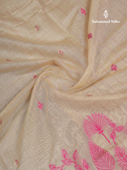 Beautiful Cream Sandal Thread Work Butta Cotton Mix Saree With Contrast Navy Blue Fancy Border