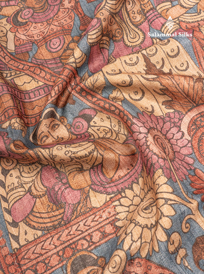 Purple Kalamkari Design Semi Tussar Fancy Saree With Contrast Sandal Blouse