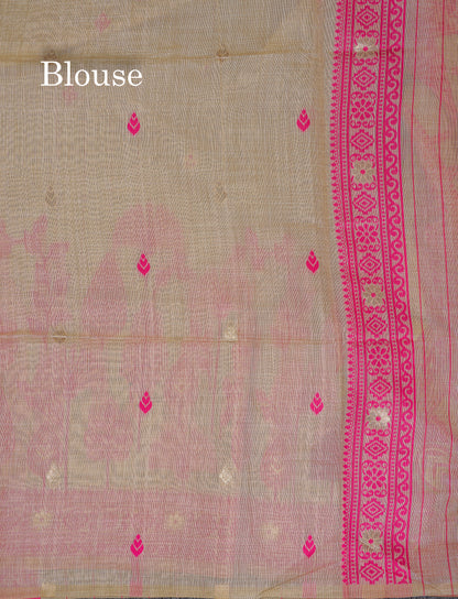 Beautiful Cream Sandal Thread Work Butta Cotton Mix Saree With Contrast Navy Blue Fancy Border