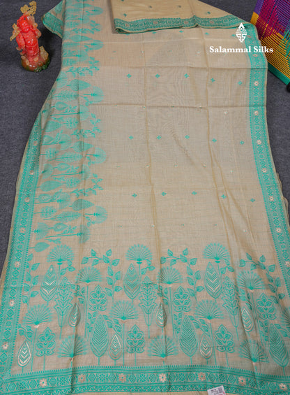 Beautiful Cream Sandal Thread Work Butta Cotton Mix Saree With Contrast Navy Blue Fancy Border