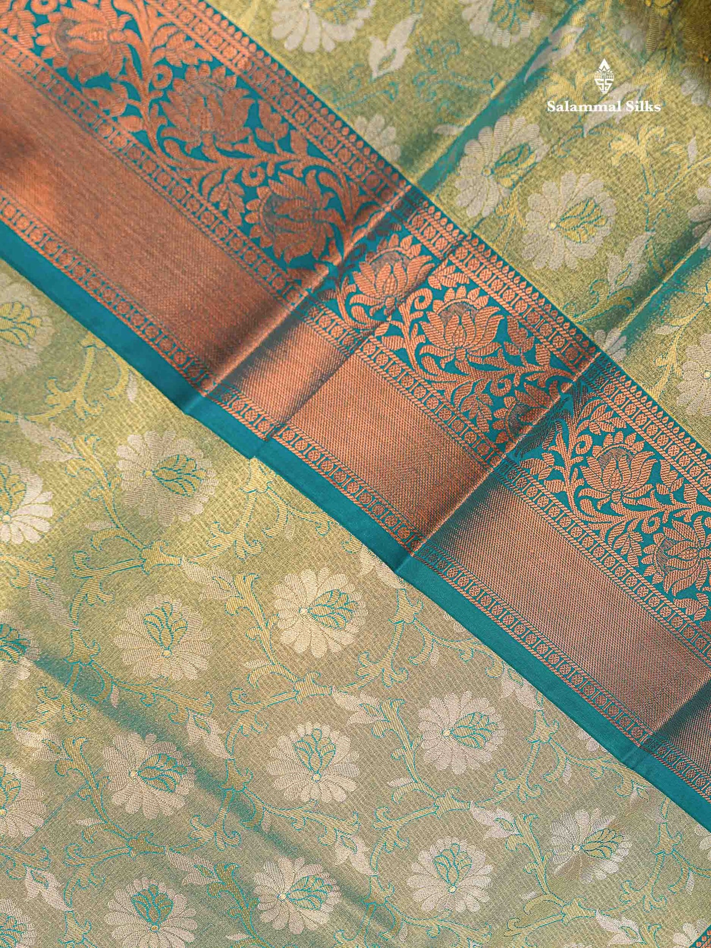 Beautiful Light Green Tissue Bridal Semi Silk Saree With Peacock Green Traditional Border