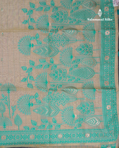 Beautiful Cream Sandal Thread Work Butta Cotton Mix Saree With Contrast Navy Blue Fancy Border