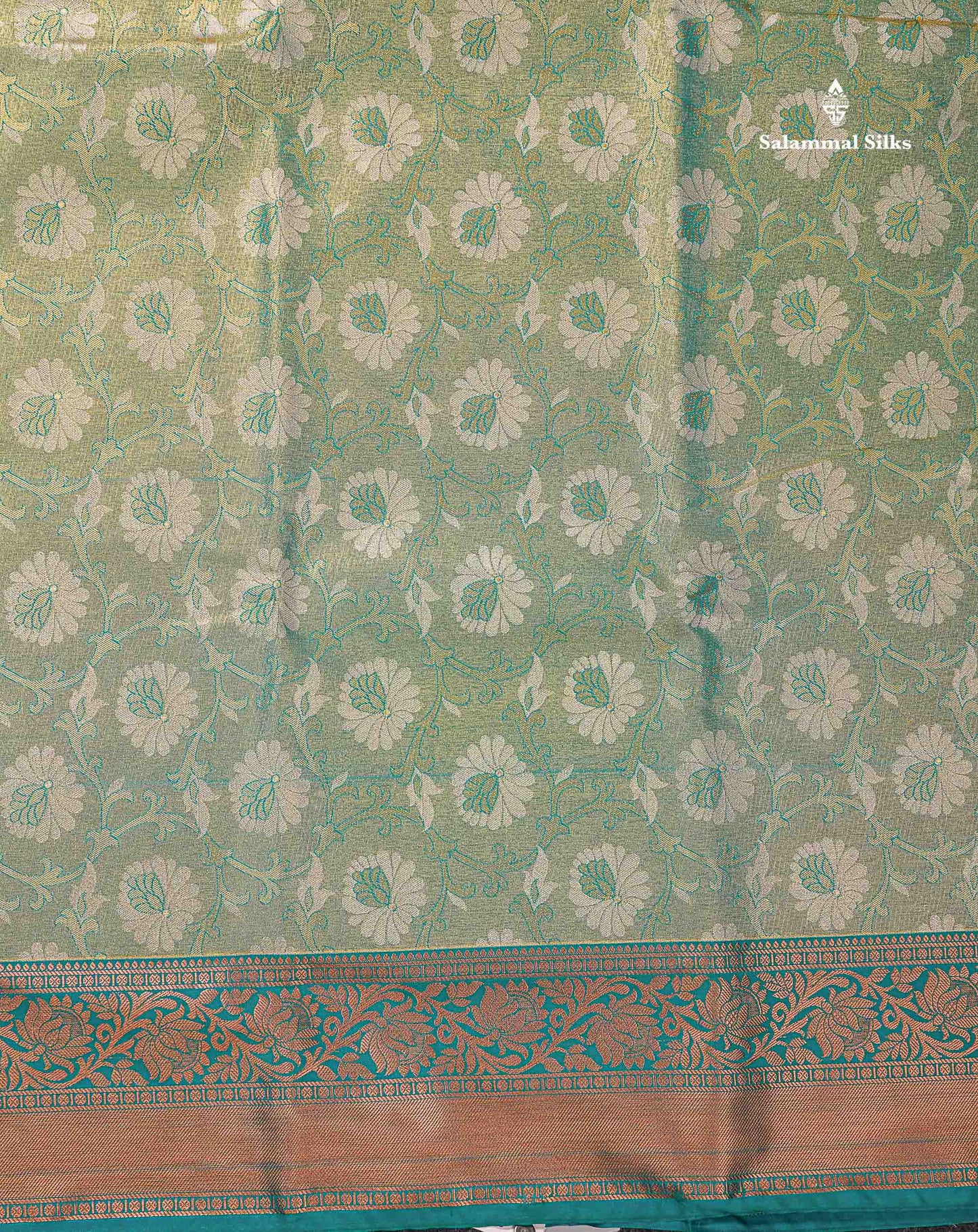 Beautiful Light Green Tissue Bridal Semi Silk Saree With Peacock Green Traditional Border