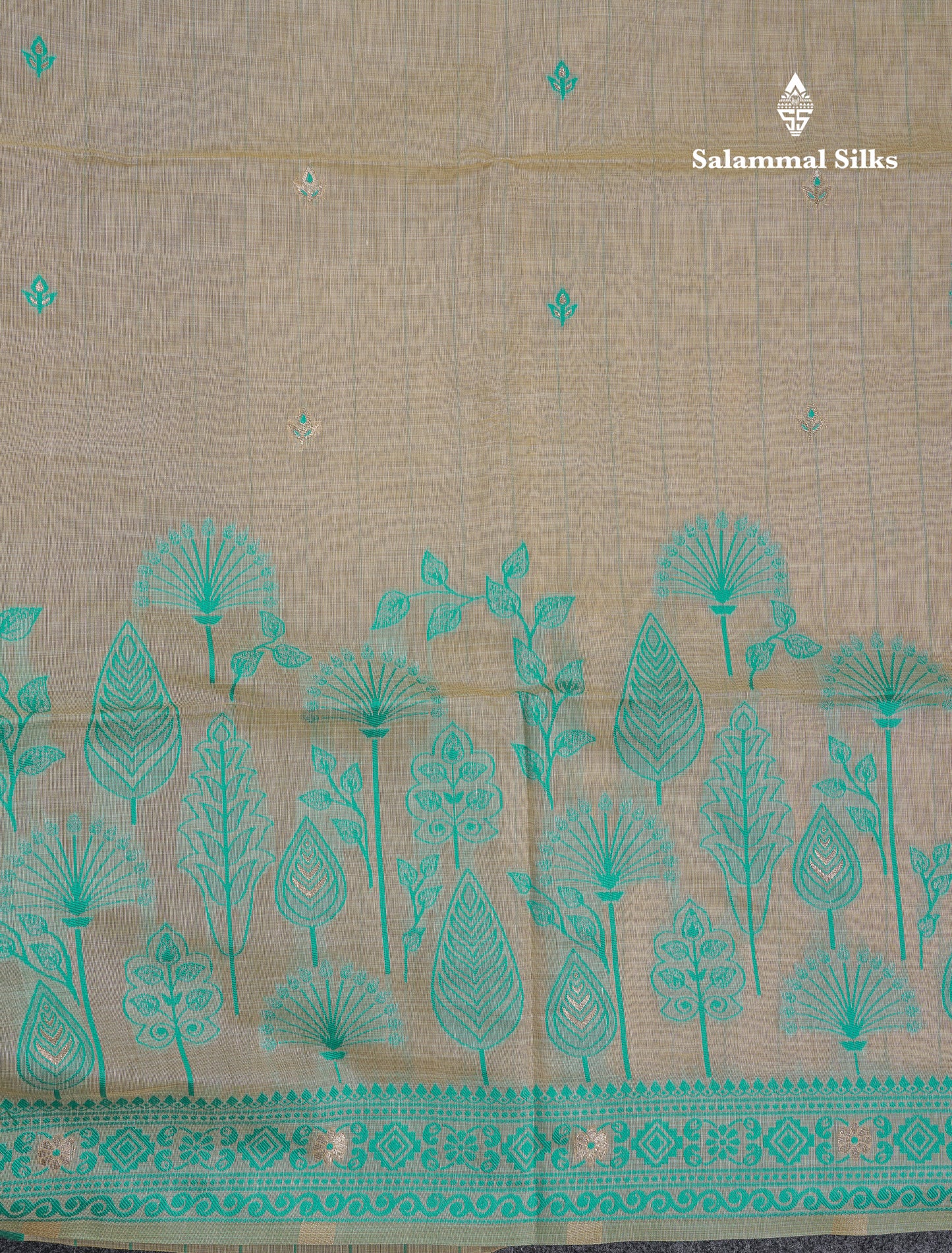 Beautiful Cream Sandal Thread Work Butta Cotton Mix Saree With Contrast Navy Blue Fancy Border