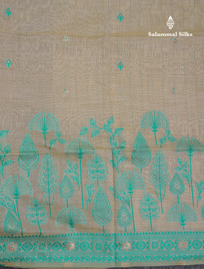 Beautiful Cream Sandal Thread Work Butta Cotton Mix Saree With Contrast Navy Blue Fancy Border