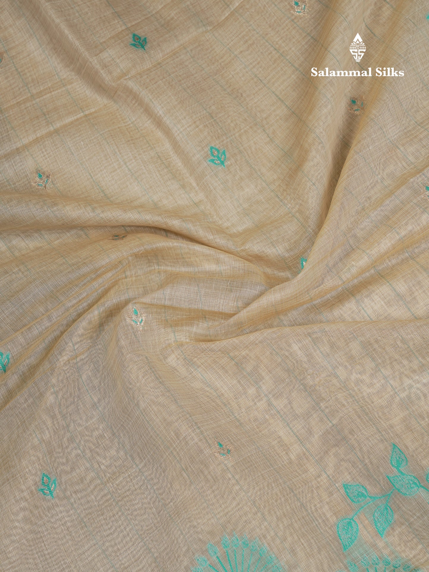 Beautiful Cream Sandal Thread Work Butta Cotton Mix Saree With Contrast Navy Blue Fancy Border